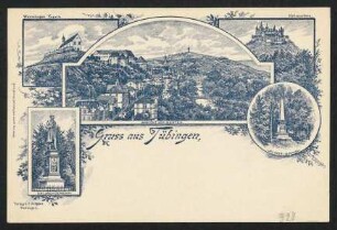 327, Gruss aus Tübingen. Wurmlinger Kapelle. Hohenzollern. Uhland-Denkmal.