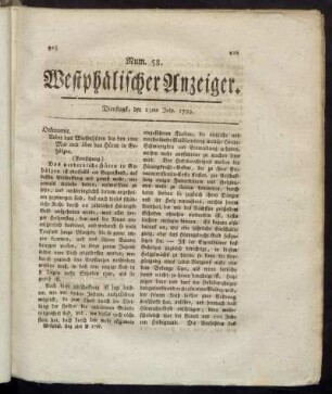 Num. 58. Westphälischer Anzeiger. Dienstags, den 23ten July. 1799. - Num 59. Westphälischer Anzeiger. Freitags, den 26ten July. 1799.