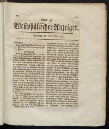 Num. 58. Westphälischer Anzeiger. Dienstags, den 23ten July. 1799. - Num 59. Westphälischer Anzeiger. Freitags, den 26ten July. 1799.