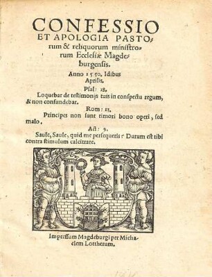 Confessio Et Apologia Pastorum & reliquorum ministrorum Ecclesiae Magdeburgensis