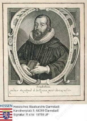 Steuber, Johannes Prof. Dr. theol. (1590-1643) / Porträt, Brustbild in Medaillon mit lateinischer Umschrift und griechischer Inschrift