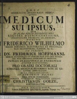 Dissertatio Inauguralis Medica Sistens Medicum Sui Ipsius