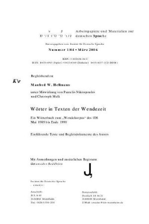 Wörter in Texten der Wendezeit : ein Wörterbuch zum "Wendekorpus" des IDS Mai 1989 bis Ende 1990