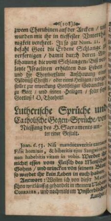 Lutherische Sprüche und Catholische Segen-Sprüche/ von Niessung des H. Sacraments unter einer Gestalt.