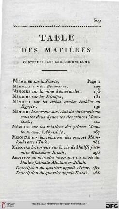 Table des matières contenues dans le second volume