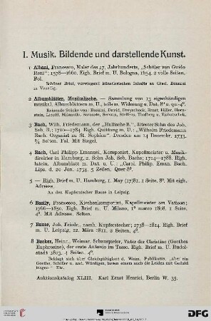 I. Musik. Bildende und darstellende Kunst (Nr. 1-464)