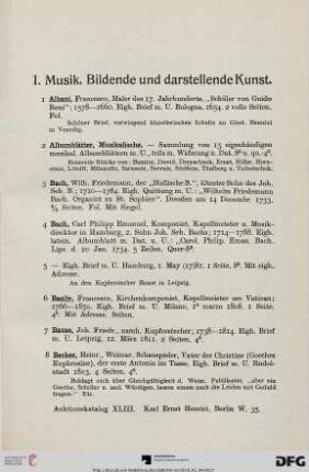 I. Musik. Bildende und darstellende Kunst (Nr. 1-464)