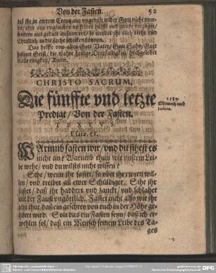 Christo Sacrum. Die fünffte und letzte Predigt, Von der Fasten. Textus: Esaiae. 58