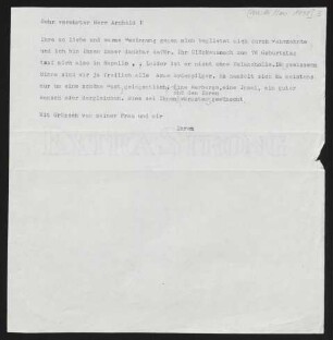 Brief von Gerhart Hauptmann an Adolf Arnhold