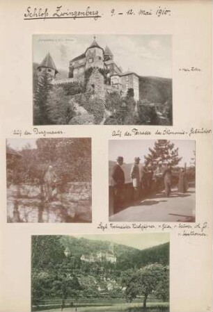 oben: Schloss Zwingenberg am Neckar links Mitte: "Auf der Burgmauer" von Schloss Zwingenberg am Neckar rechts Mitte: Benannte Damen und Herren an der Burgmauer von Schloss Zwingenberg am Neckar unten: Blick auf Schloss Zwingenberg am Neckar