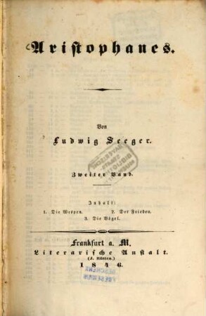 Aristophanes : Von Ludwig Seeger, 2