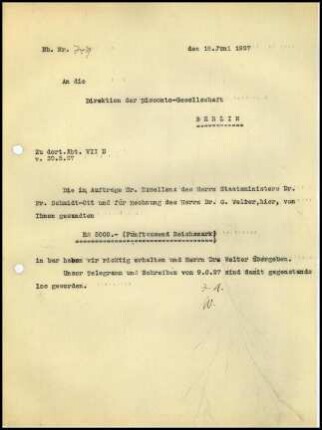 Schreiben (Durchschlag); DAI Athen an Direktion der Disconto-Gesellschaft