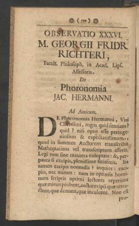 Observatio XXXVI. M. Georgii Fridr. Richteri, Facult. Philosoph. in Acad. Lips. Assessoris, De Phoronomia Jac. Hermanni