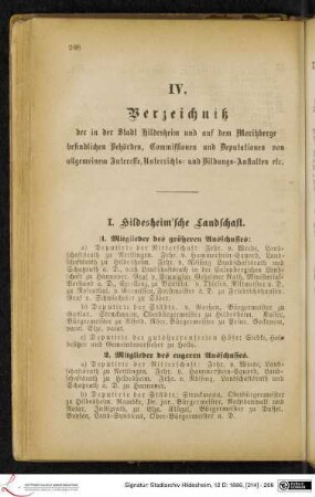 IV. Verzeichniß der in der Stadt Hildesheim und auf dem Moritzberge befindlichen Behörden, Commissionen und Deputationen von allgemeinem Interesse, Unterrichts- und Bildungs-Anstalten etc.