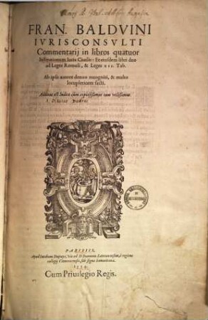 Commentarii in libros quatuor Institutionum Iuris civilis et eiusdem libri duo ad leges Romuli & leges XII tab.