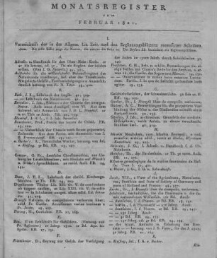 Monatsregister vom Februar 1821