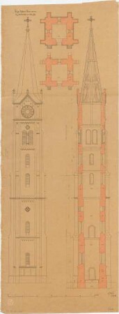 Voit, August von; Weißenhorn; Pfarrkirche - Turm (Grundrisse, Ansicht, Schnitt)