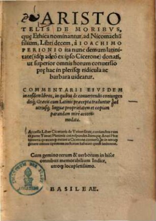 Aristotelis de moribus, quae ethica nominantur, ad Nicomachum filium : libri decem