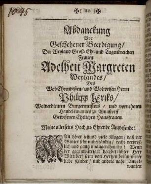 Abdanckung Vor Geschehener Beerdigung/ Der ... Frauen Adelheit Margreten Weylandes/ Des ... Herrn Philipp Kriks ... Hausfrauen / Otto Conrad Schrader