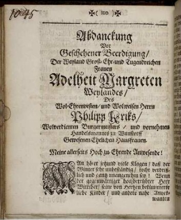 Abdanckung Vor Geschehener Beerdigung/ Der ... Frauen Adelheit Margreten Weylandes/ Des ... Herrn Philipp Kriks ... Hausfrauen / Otto Conrad Schrader