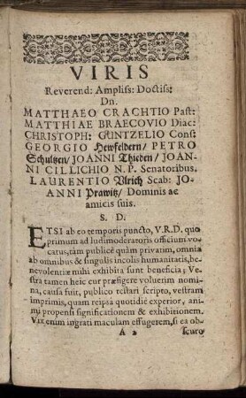 Viris Reverend: Ampliss: Doctiss: Dn. Matthaeo Crachtio Past: Matthiae Braecovio Diac: ...