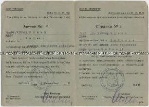Ausweis mit Berechtigungsgenehmigung für einen Aufkäufer von "Freien Spitzen" landwirtschaftlicher Erzeugnisse in Thüringen (deutsch/russisch)