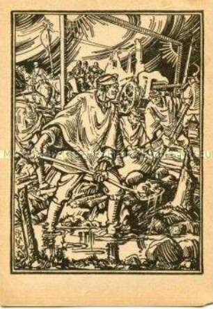Kriegsgefangene Soldaten bei der Beseitigung von Bombenschäden, nach einer Zeichnung von Julius Nordmann