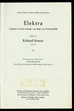 Elektra : Tragödie in einem Aufzuge : opus 58