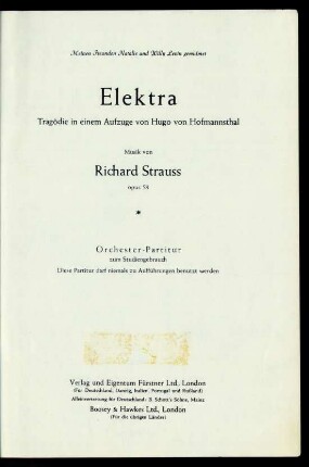 Elektra : Tragödie in einem Aufzuge : opus 58