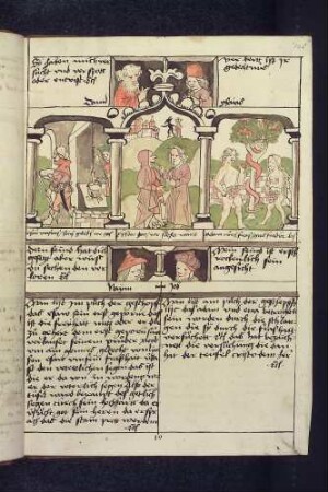 (1) Antitypus: Versuchung Christi; Typen: (2) Esau verkauft sein Erstgeburtsrecht für ein Linsengericht; (3) Sündenfall; (4) Propheten-Brustbilder