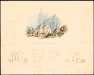 Pfarrhaus für die evangelischen Wiesenkirchgemeinde, Soest: Perspektivische Ansichten von West und Nord, Grundrisse EG, 1. OG, Fensterdetails