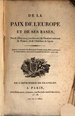 De la paix de l'Europe et de ses bases