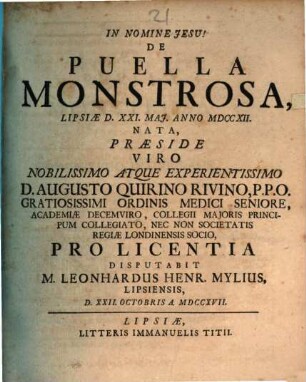 Disp. de puella monstrosa, Lipsiae d. XXI. Mai. a. 1712 nata