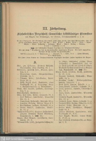 III. Abtheilung. Einwohnerverzeichnis : III. Abtheilung. Alphabetisches Verzeichniß sämmtlicher selbstständiger Einwohner