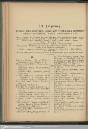 III. Abtheilung. Einwohnerverzeichnis : III. Abtheilung. Alphabetisches Verzeichniß sämmtlicher selbstständiger Einwohner