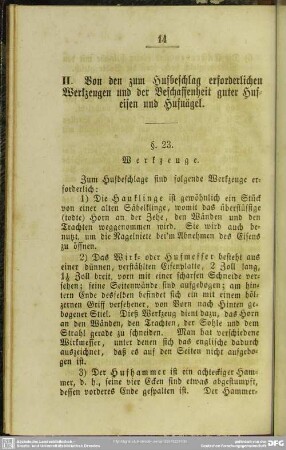 II. Von den zum Hufbeschlag erforderlichen Werkzeugen und der Beschaffenheit guter Hufeisen und Hufnägel