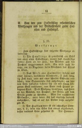 II. Von den zum Hufbeschlag erforderlichen Werkzeugen und der Beschaffenheit guter Hufeisen und Hufnägel