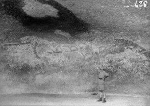 Schomburgk mit Höhlenmalerei : Expeditionsteilnehmer Hans Schomburgk zeigt auf eine Felswand mit Höhlenmalerei