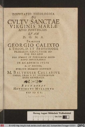 Disputatio Theologica De Cultu Sanctae Virginis Mariae Apud Pontificios