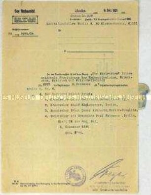 Schreiben des Amtsgerichtes Berlin-Mitte an die Künstlervereinigung "Die Zeitgemäßen" (Die Abstrakten) zum Eintrag in das Vereinsregister Berlin - Sachkonvolut