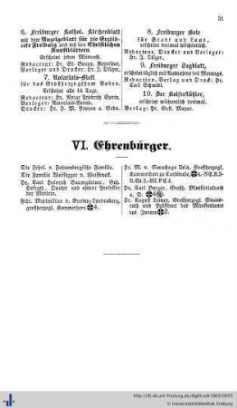 Ehrenbürger, Verzeichniß der Einwohner nach ihren Berufsgeschäften, Verzeichniß der Hauseigenthümer, Straßenverzeichniß.
