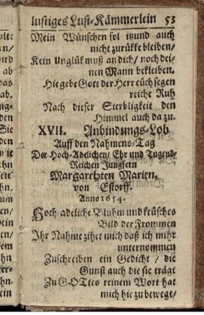 XVII. Anbindungs-Lob Auff den Nahmens-Tag Der Hoch-Adelichen ... Jungfern Margarehten Marien, von Estorff. Anno 1654