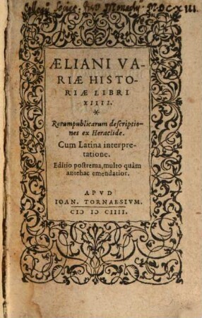 Variae historiae libri XIV : Rerum publicarum descriptiones ex Heraclide