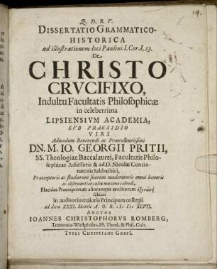 Dissertatio Grammatico-Historica ad illustrationem loci Paulini I. Cor. I, 23. De Christo Crucifixo