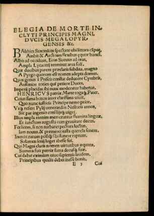 Elegia De Morte Inclyti Principis Magni, Ducis Megalopyrgensis &c.