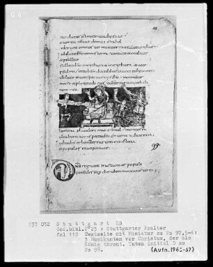 Der Stuttgarter Bibelpsalter — König David und die drei Musikanten, Folio 112recto