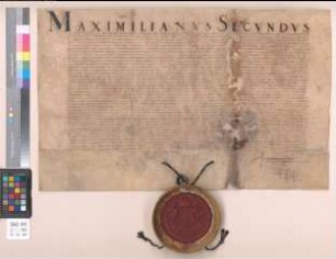 Desfallsige Konfirmation und Erteilung mehrerer Privilegien für die Universität zu Duisburg seitens des Kaisers Maximilian II. d. Augusta vindelicorum 26. Majy 1566.