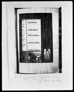 Gebetbuch mit Kalendarium — Buchseite mit Monatsbild Mai und Tierkreiszeichen, Folio 9recto