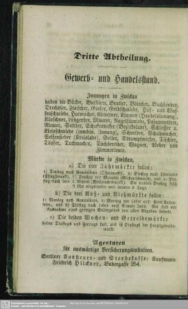 Dritte Abtheilung. Berufsklassen und Gewerbebetriebe : Dritte Abtheilung. Gewerb- und Handelsstand