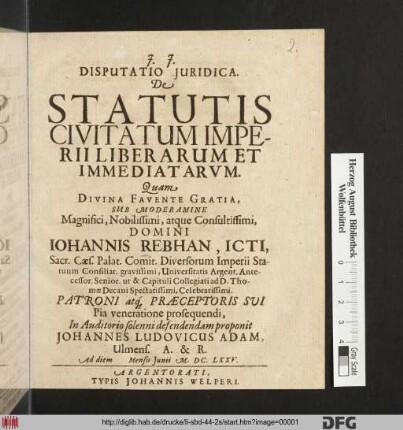 Disputatio Iuridica. De Statutis Civitatum Imperii Liberarum Et Immediatarum